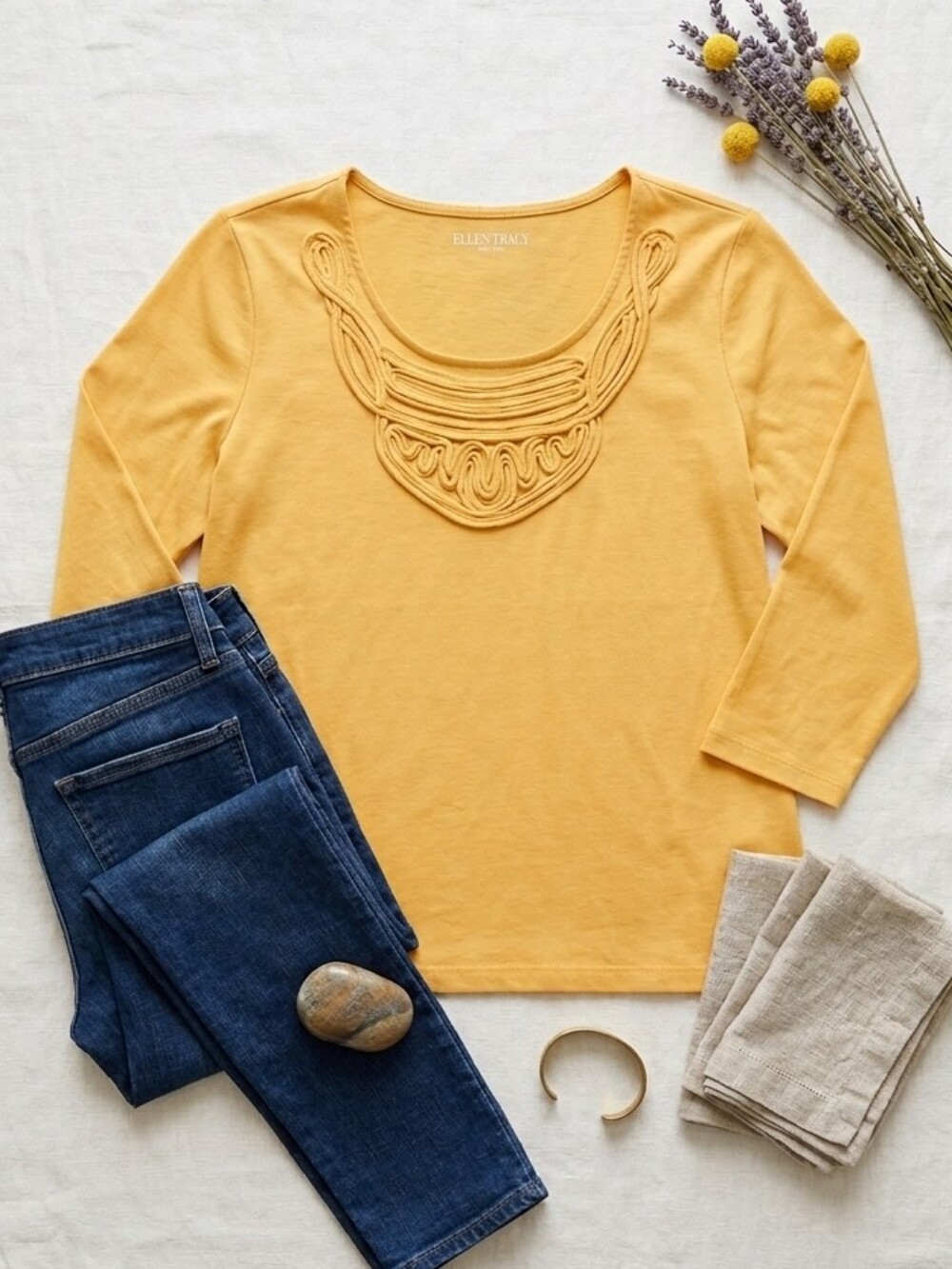 Allison Daley Yellow Embellished Neck 3/4 Sleeve Top - PS